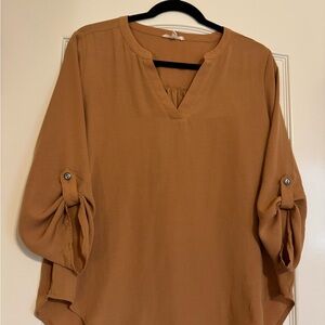 Maurices Camel Roll-Tab V-Neck Blouse